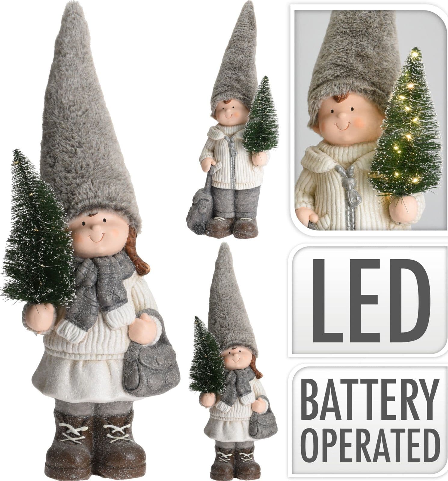 Bimbo con cappello in pelliccia h 70 decorazione natalizia in poli resina con led - 3