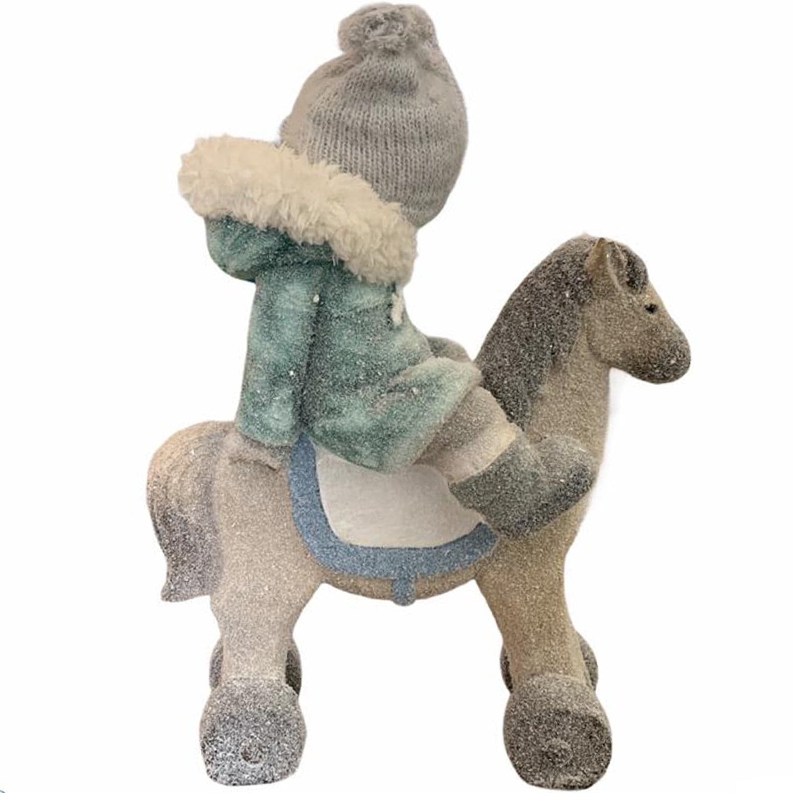 Bimbo con cappello in lana su cavalluccio decorazione natalizia in poliresina h 50 cm - 2