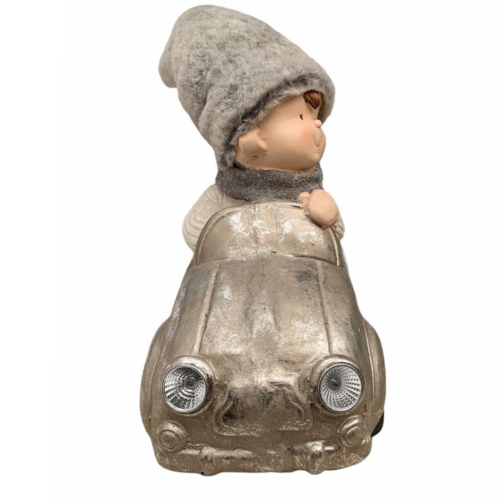 Bimbo con cappello in pelliccia su macchina h 60 cm decorazione natalizia in poliresina - 3