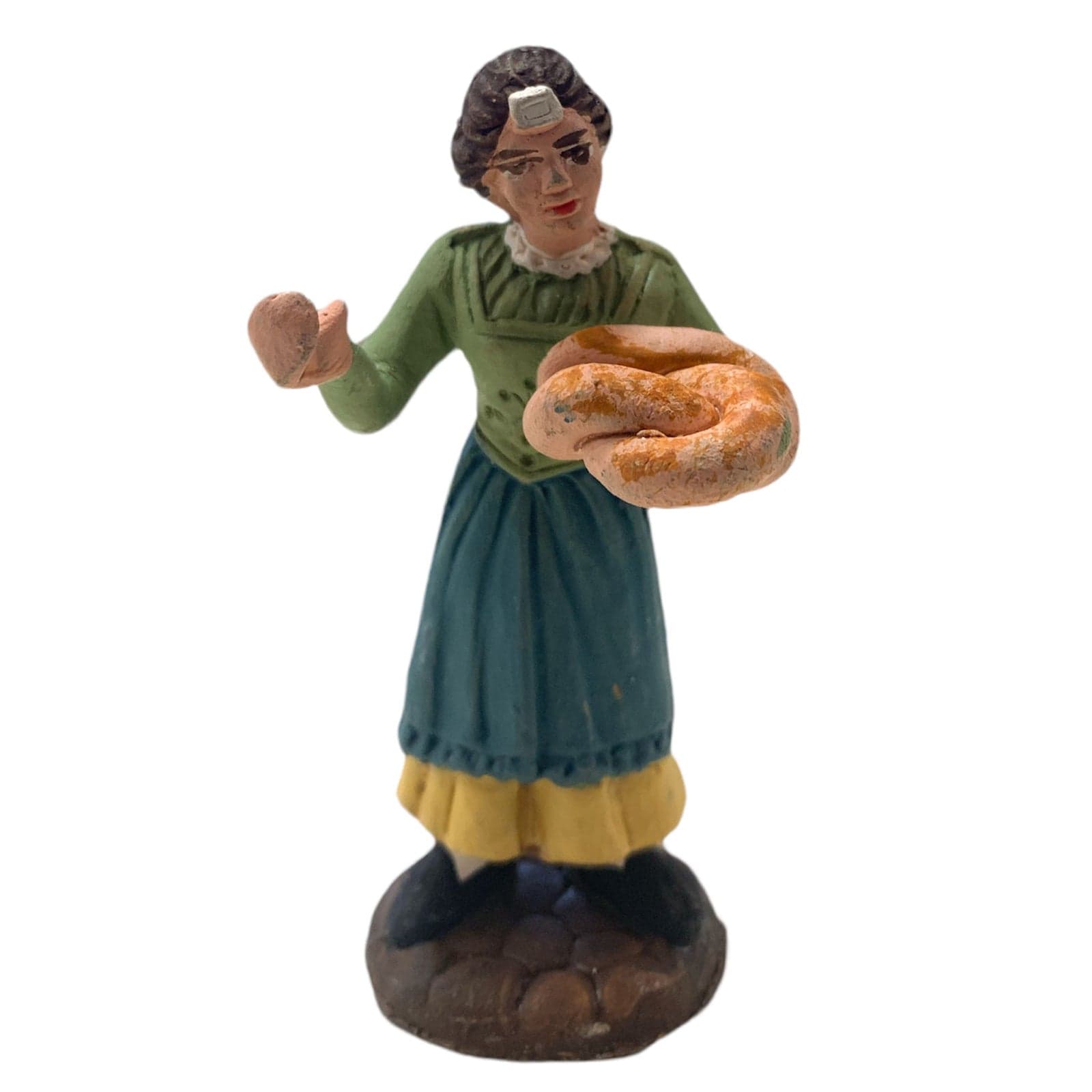 Donna con pane statuetta in terracotta artigianale per presepe napoletano da h 7 cm