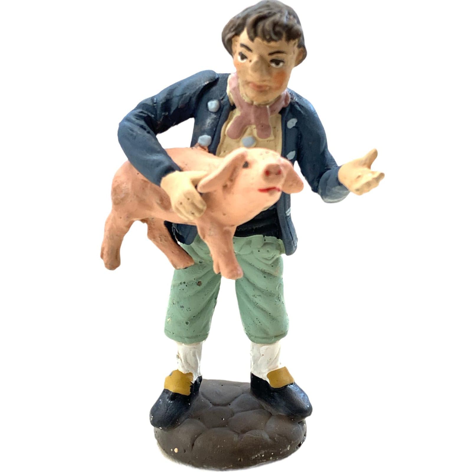 Uomo con maiale statuetta in terracotta artigianale per presepe napoletano da h 10 cm