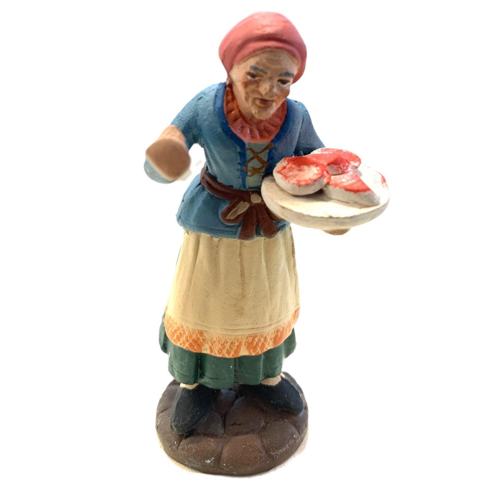 Donna con vassoio di carne statuetta in terracotta artigianale per presepe napoletano da h 10 cm