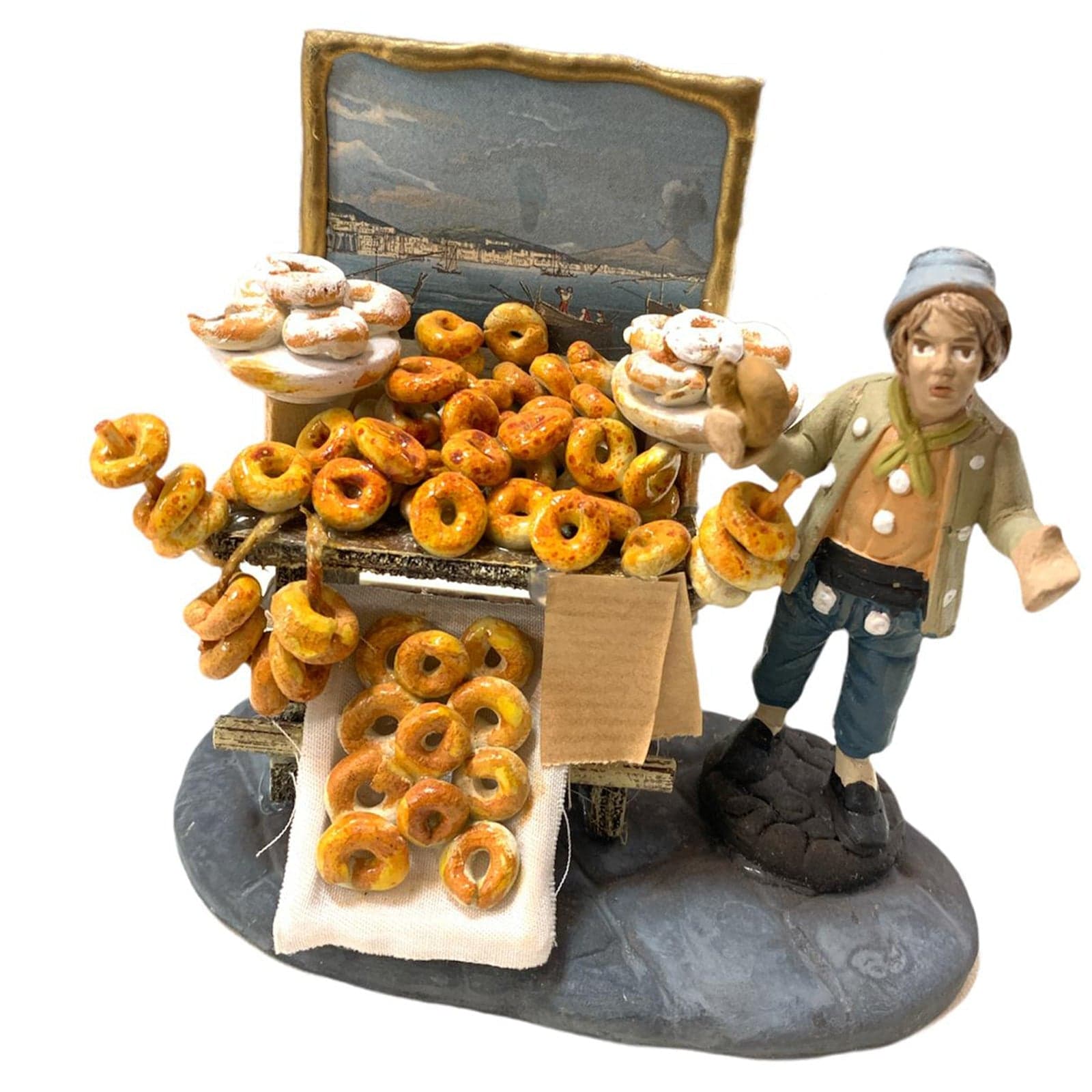 Pastore con ciambelle statuetta in terracotta artigianale per presepe napoletano - 2