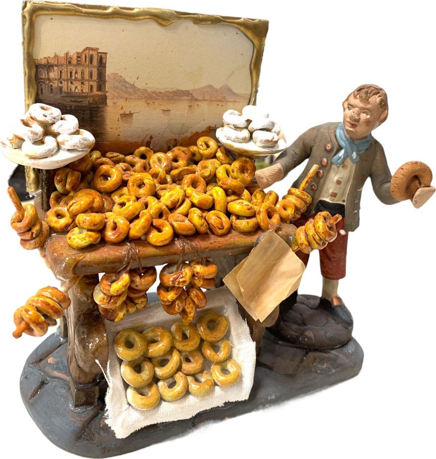 Pastore con ciambelle statuetta in terracotta artigianale per presepe napoletano - 4