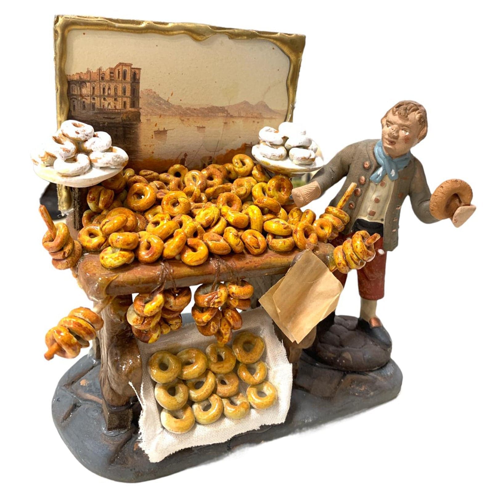 Pastore con ciambelle statuetta in terracotta artigianale per presepe napoletano - 4