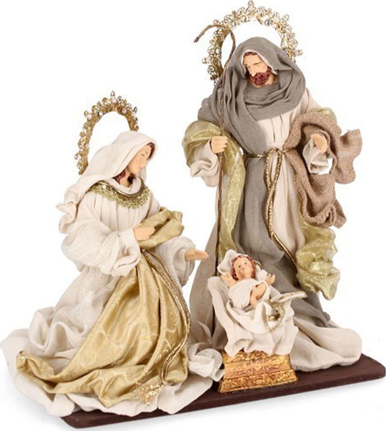 Natività con 3 Re magi e angelo con vestiti in tessuto color oro statue per presepe - 2