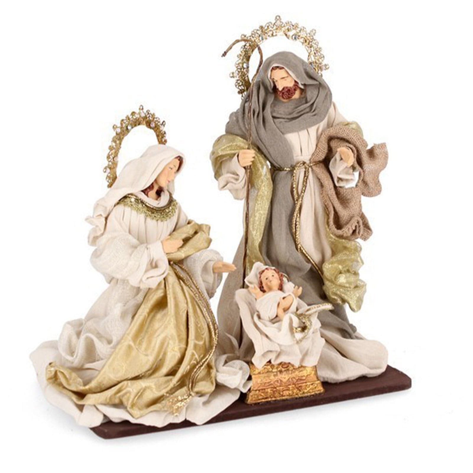 Natività con 3 Re magi e angelo con vestiti in tessuto color oro statue per presepe - 2