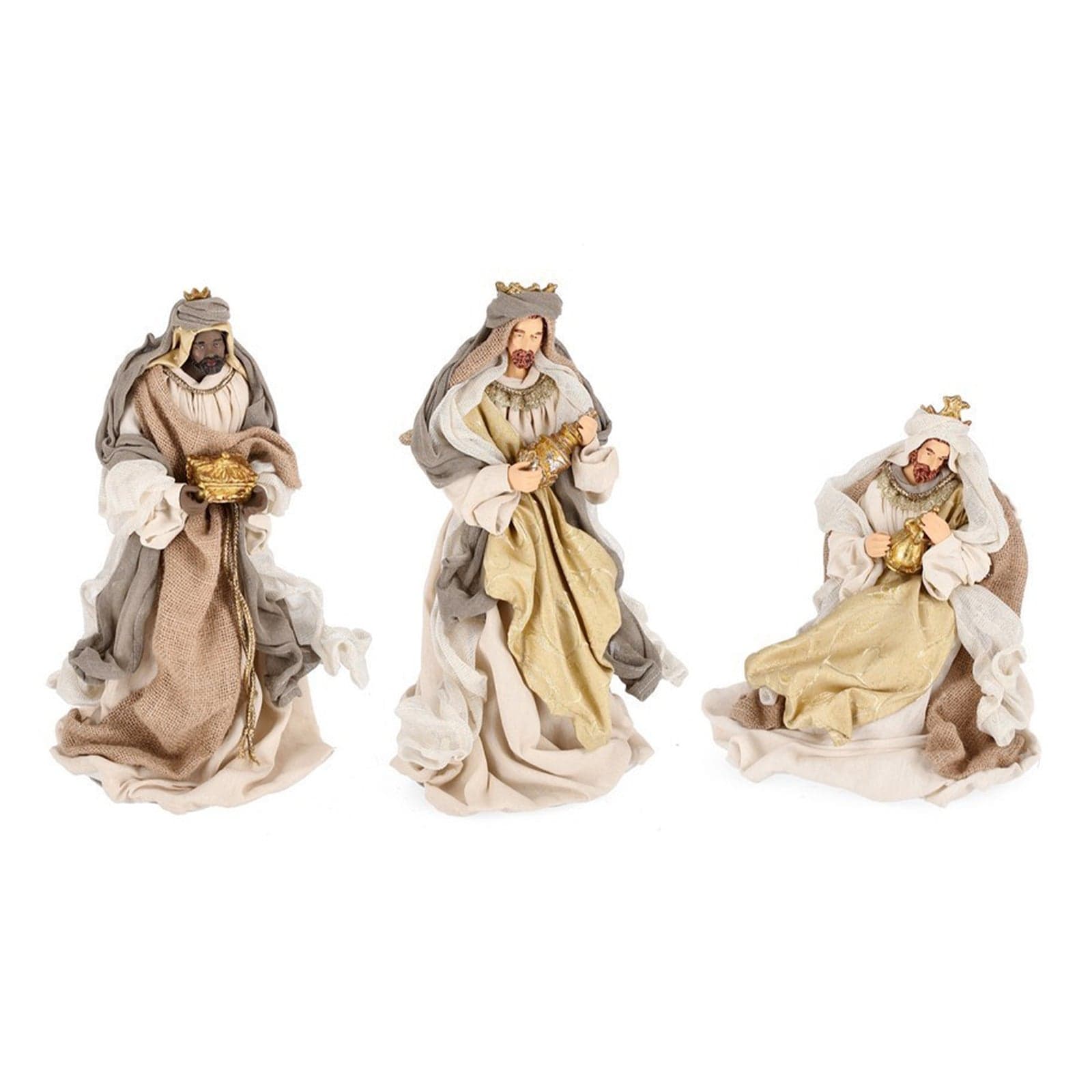 Natività con 3 Re magi e angelo con vestiti in tessuto color oro statue per presepe - 3