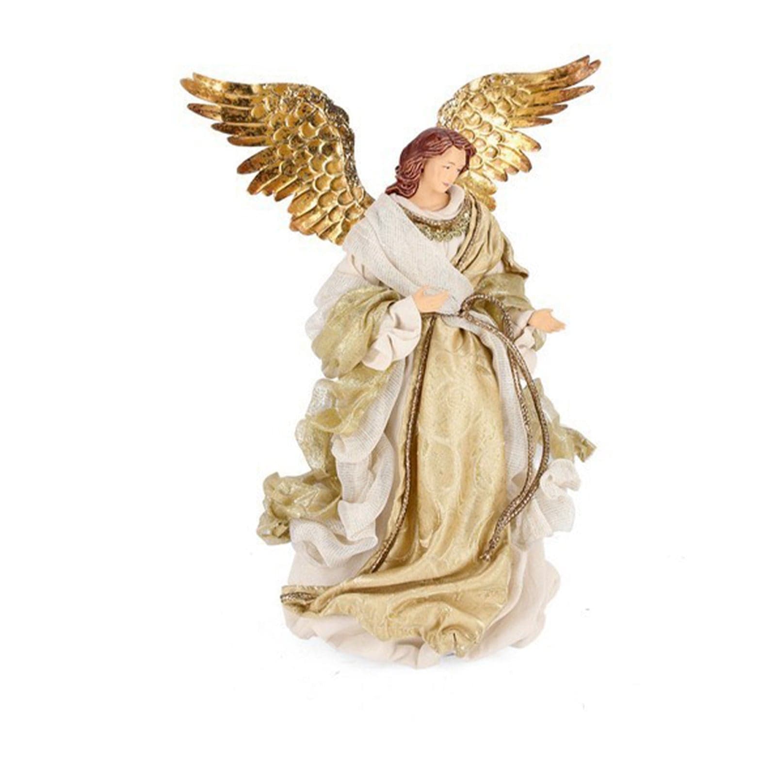 Natività con 3 Re magi e angelo con vestiti in tessuto color oro statue per presepe - 4