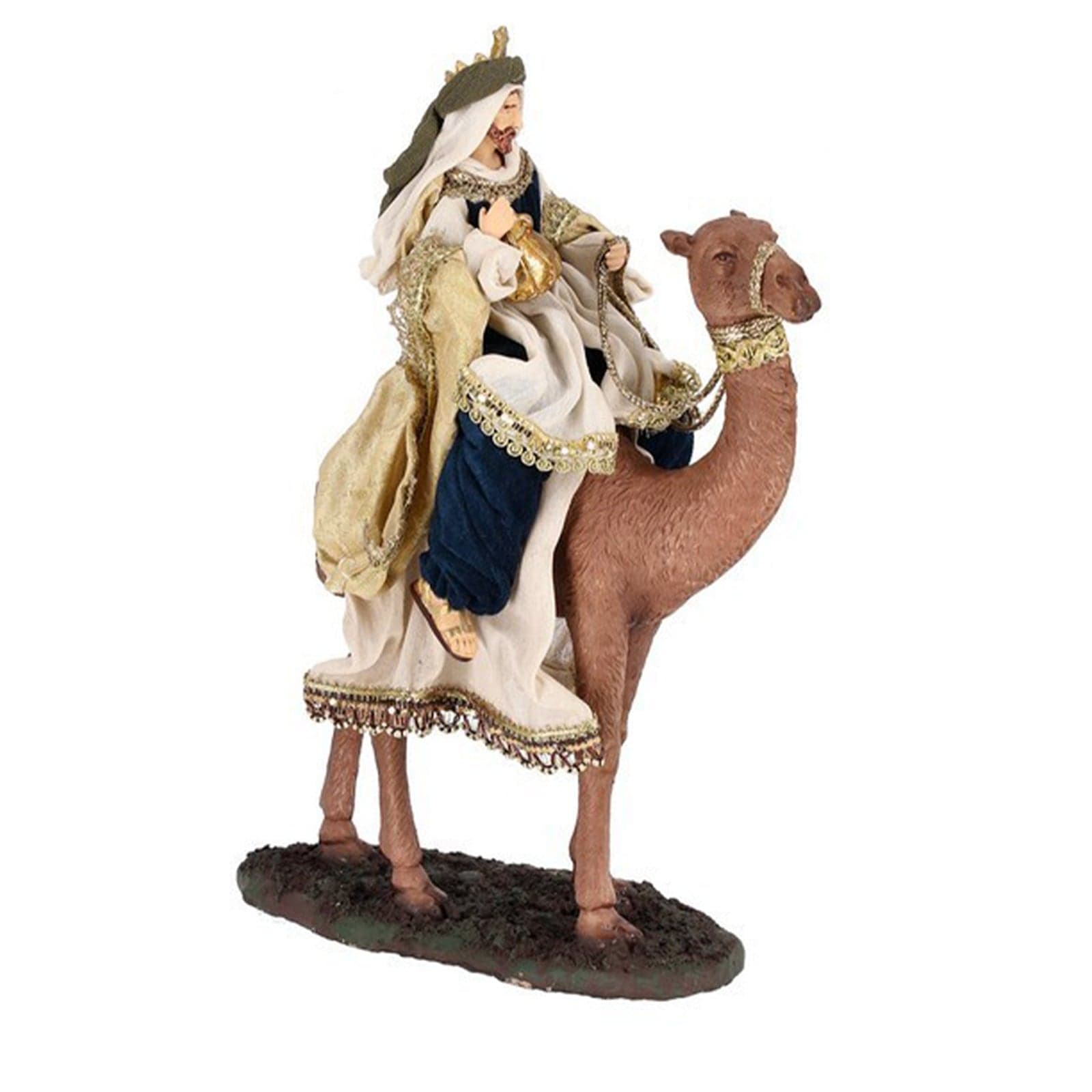 Natività con 3 dromedari con re magi con vestiti in tessuto color oro statue per presepe - 4