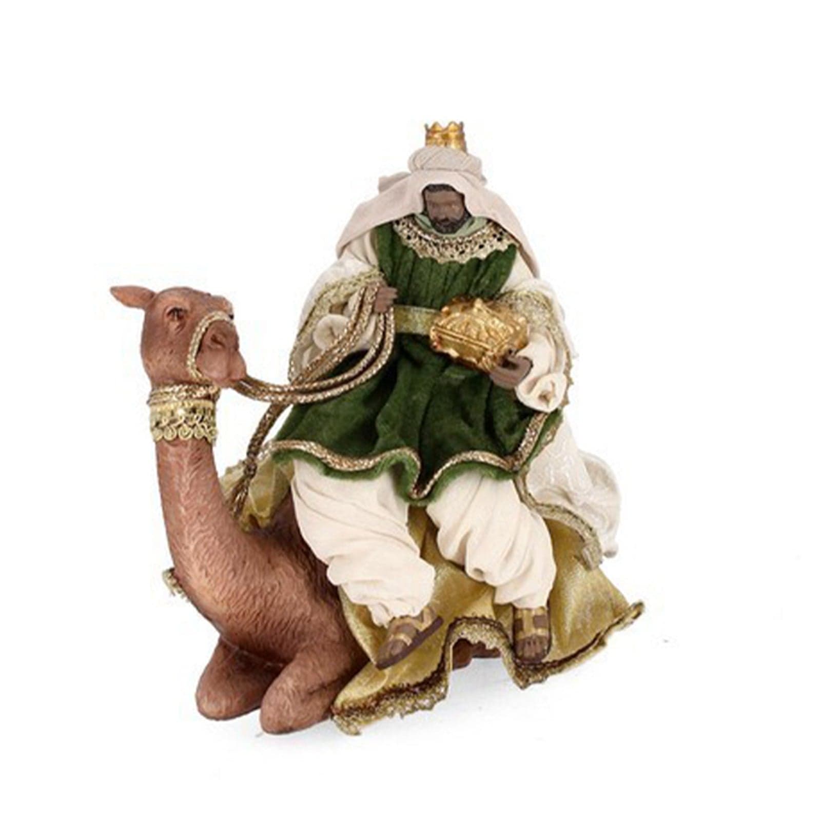 Natività con 3 dromedari con re magi con vestiti in tessuto color oro statue per presepe - 5