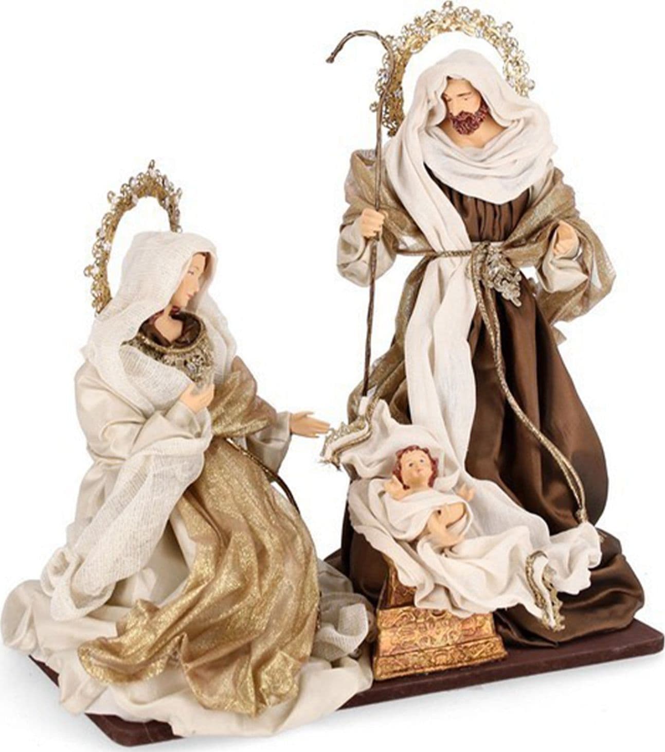 Natività con 3 Re magi, angelo e pecorelle, con vestiti in tessuto color bronzo statue per presepe - 2