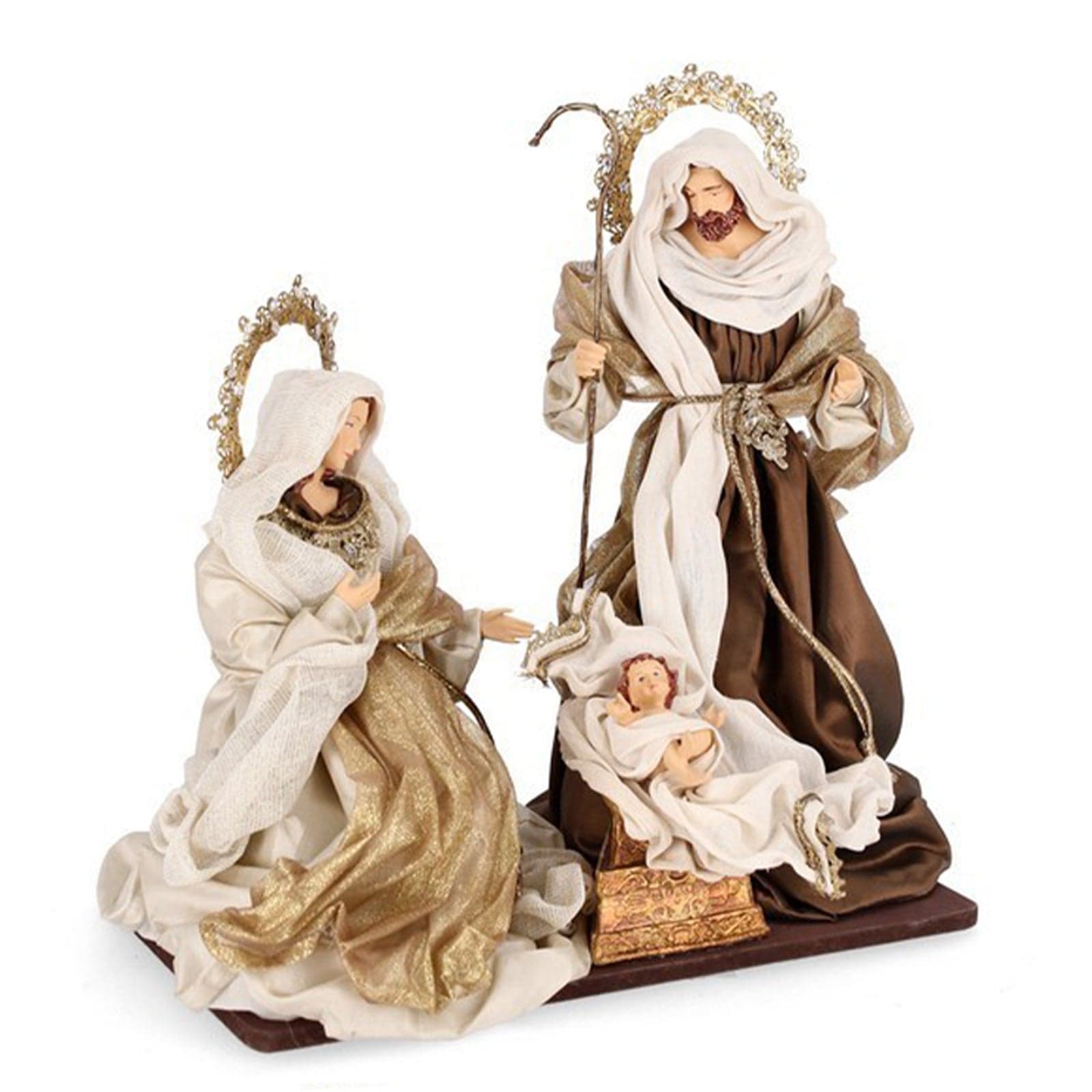 Natività con 3 Re magi, angelo e pecorelle, con vestiti in tessuto color bronzo statue per presepe - 2