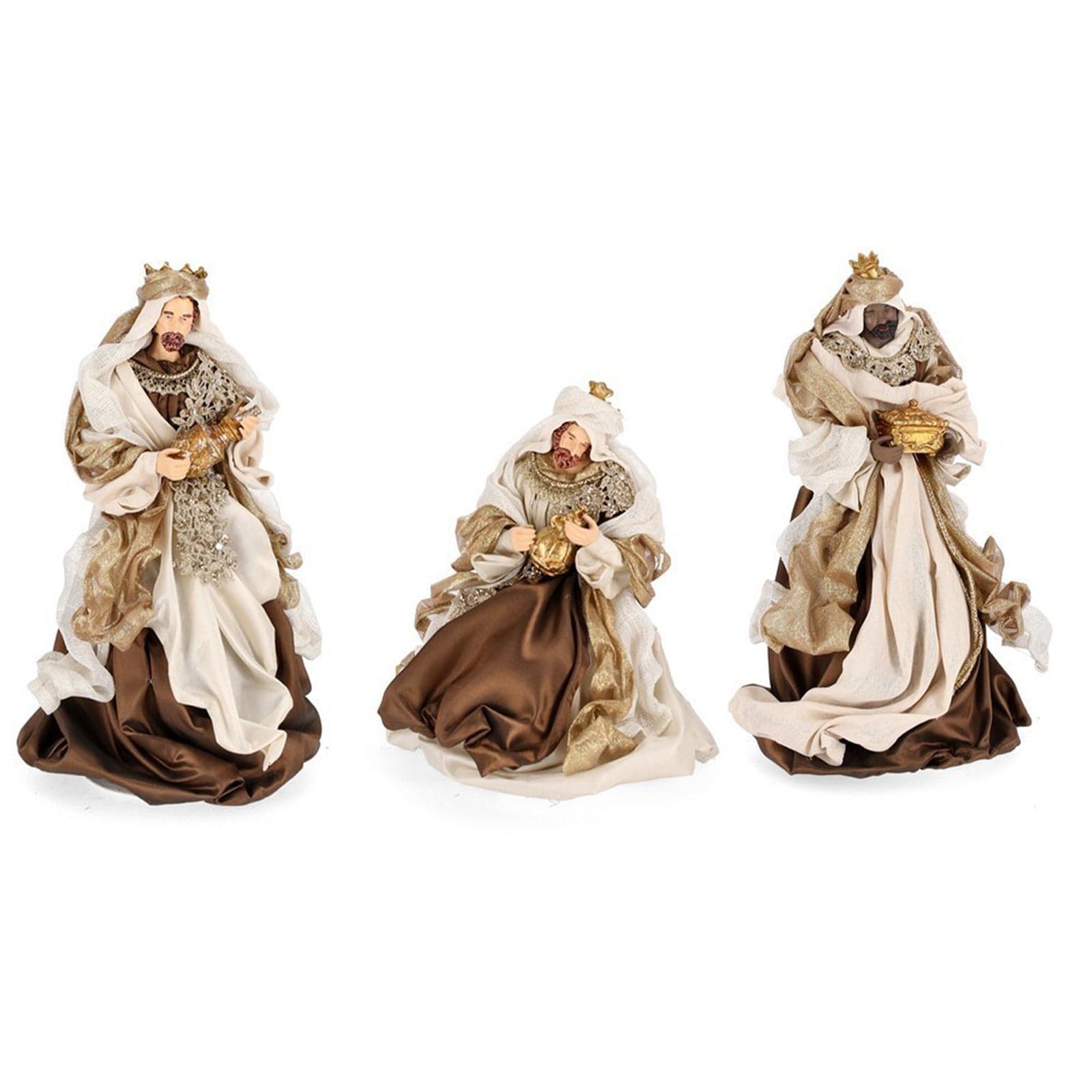 Natività con 3 Re magi, angelo e pecorelle, con vestiti in tessuto color bronzo statue per presepe - 3