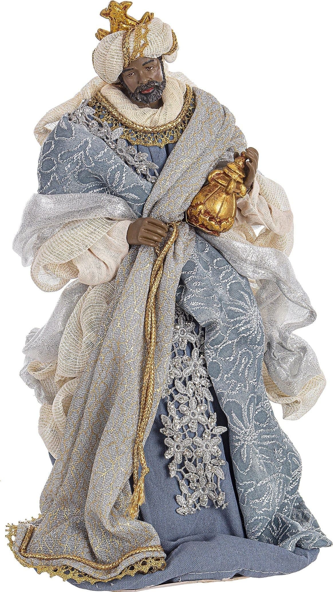 Natività con 3 Re magi con vestiti in tessuto color Celeste Azzurro statue per presepe - 2