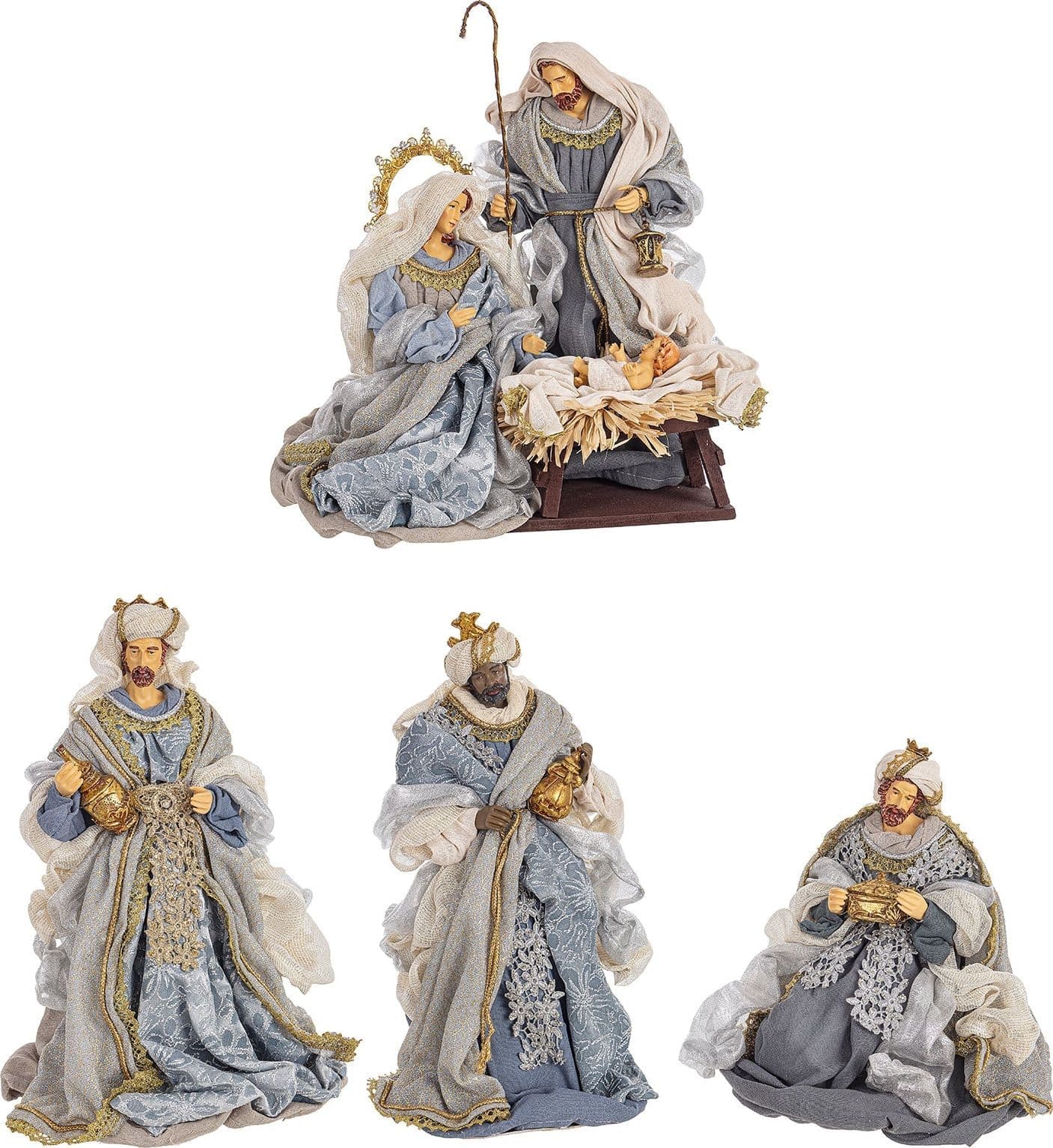 Natività con 3 Re magi con vestiti in tessuto color Celeste Azzurro statue per presepe - 5