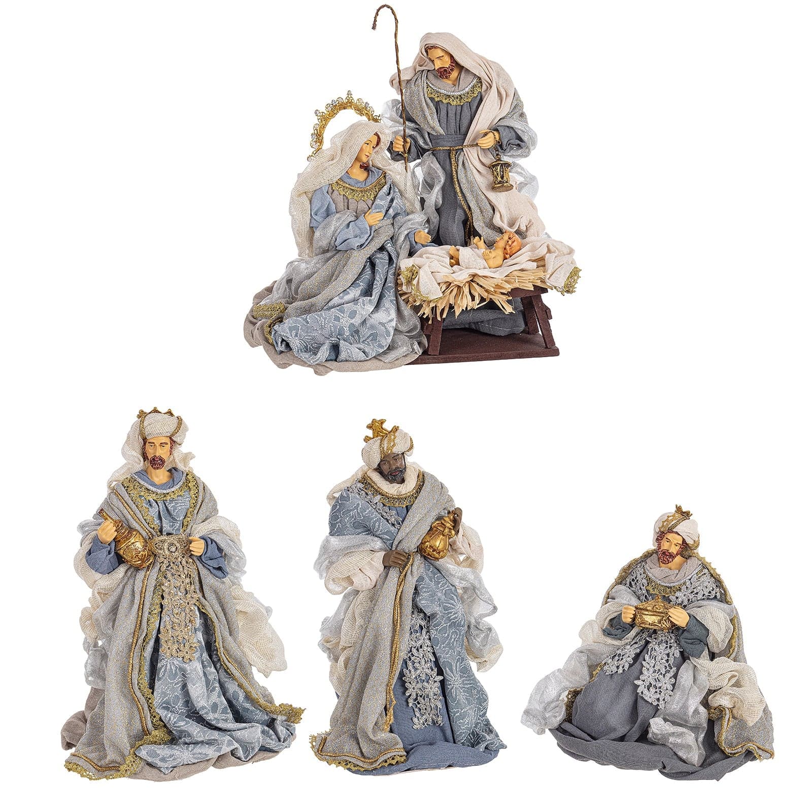 Natività con 3 Re magi con vestiti in tessuto color Celeste Azzurro statue per presepe - 5