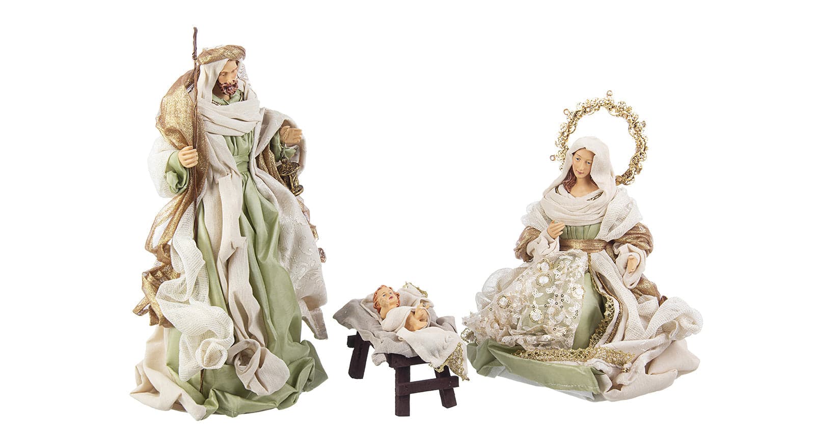 Natività con 3 Re magi con vestiti in tessuto color verde statue per presepe - 2