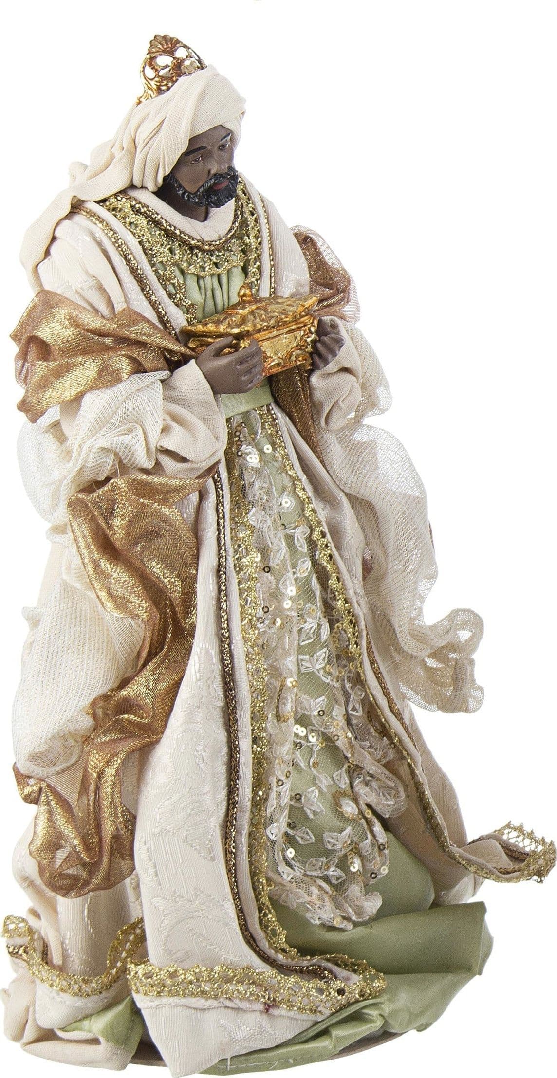 Natività con 3 Re magi con vestiti in tessuto color verde statue per presepe - 3