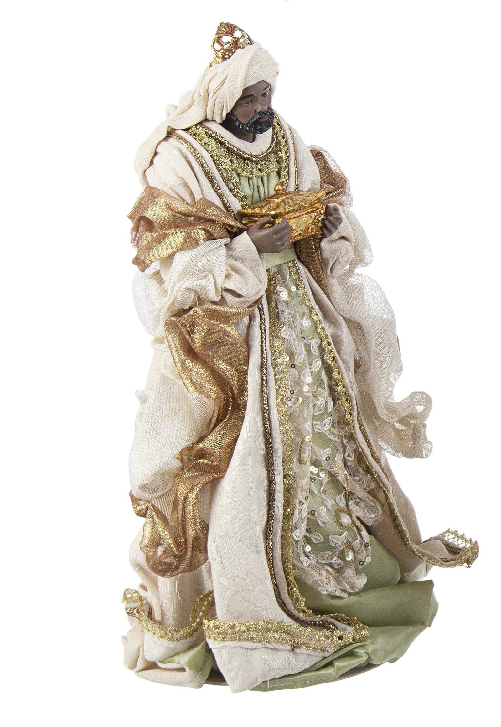 Natività con 3 Re magi con vestiti in tessuto color verde statue per presepe - 3