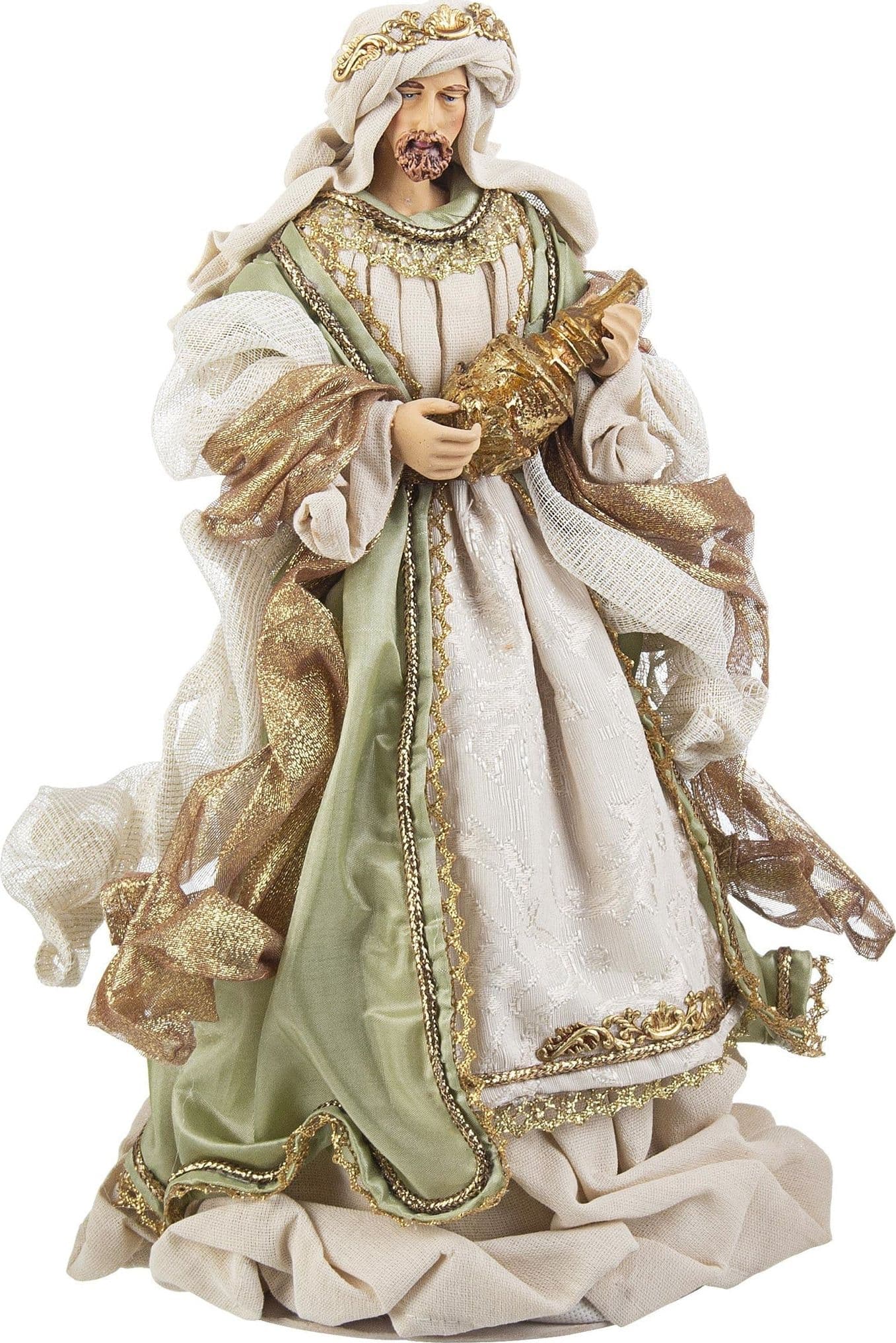 Natività con 3 Re magi con vestiti in tessuto color verde statue per presepe - 4