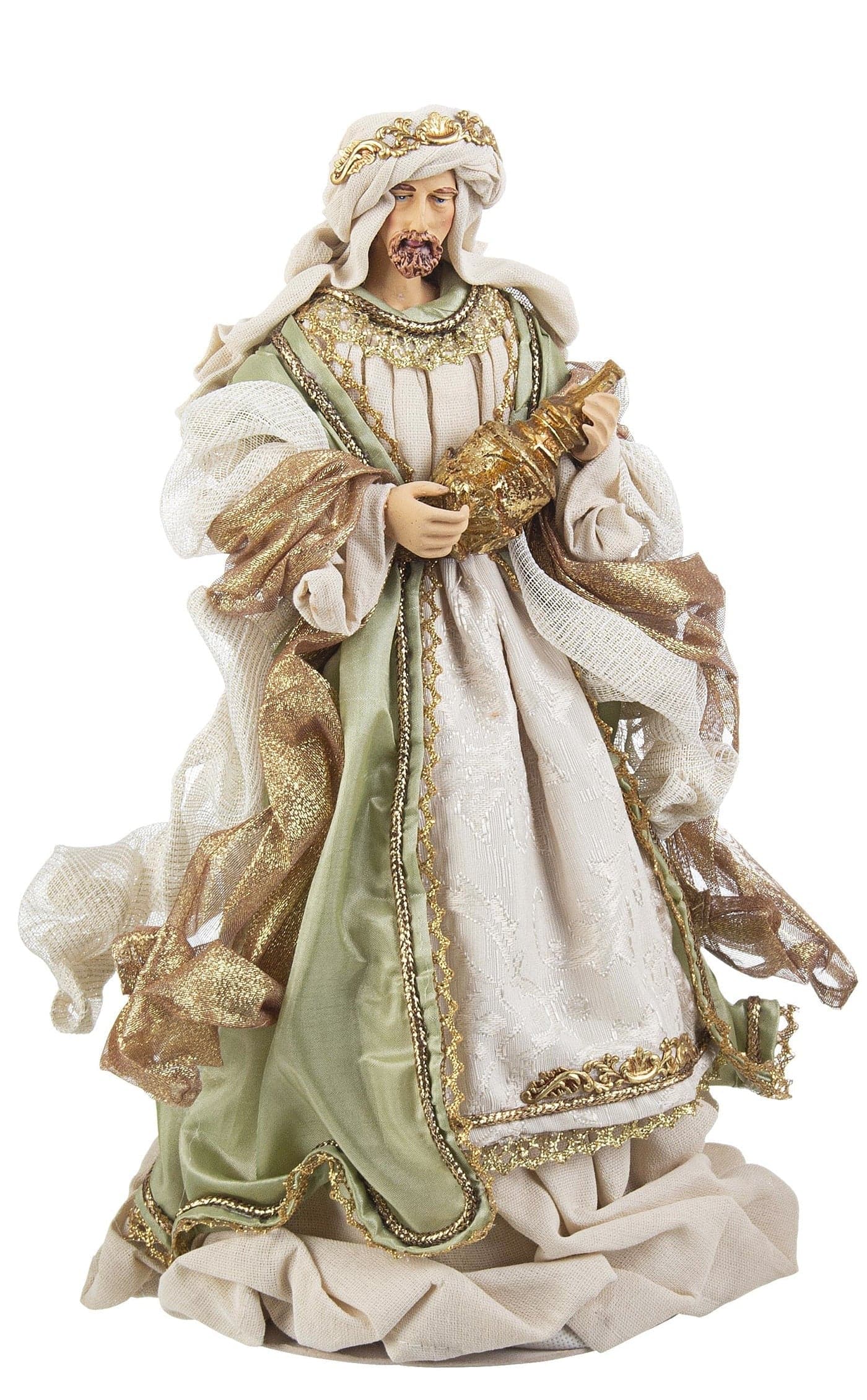 Natività con 3 Re magi con vestiti in tessuto color verde statue per presepe - 4