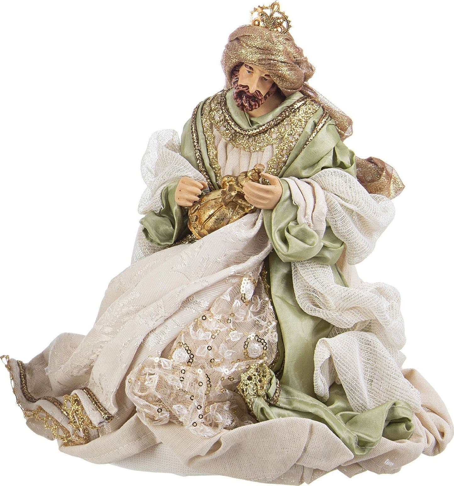 Natività con 3 Re magi con vestiti in tessuto color verde statue per presepe - 5