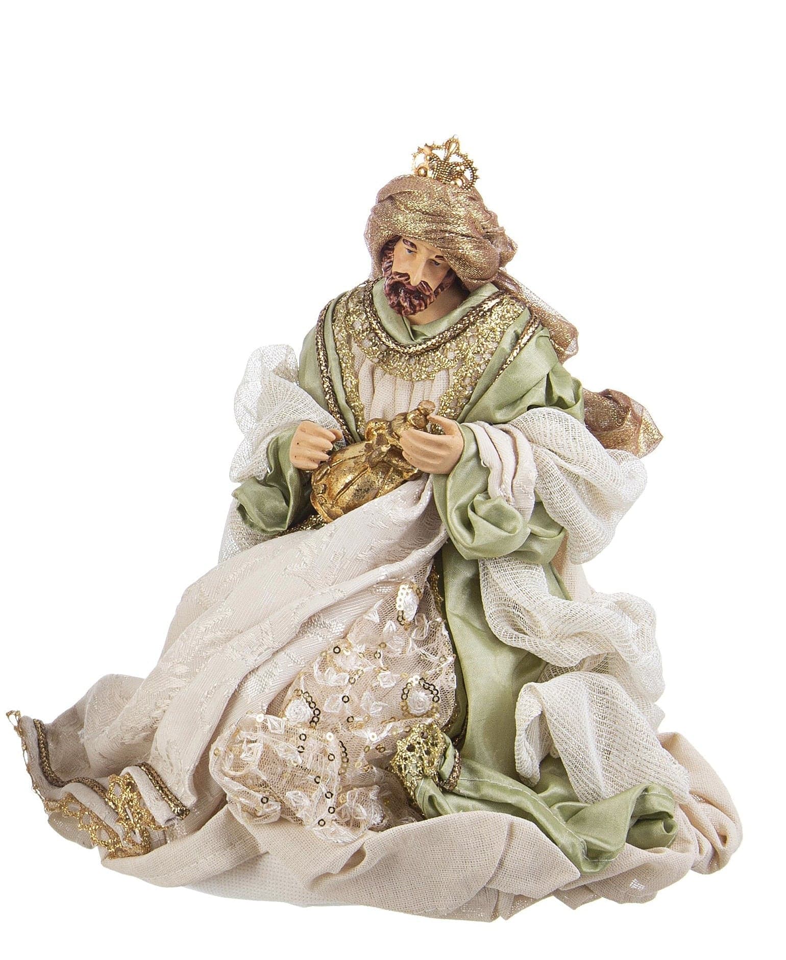 Natività con 3 Re magi con vestiti in tessuto color verde statue per presepe - 5