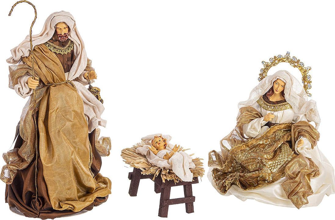 Natività con 3 Re magi con vestiti in tessuto color bronzo statue per presepe h 41 cm - 2