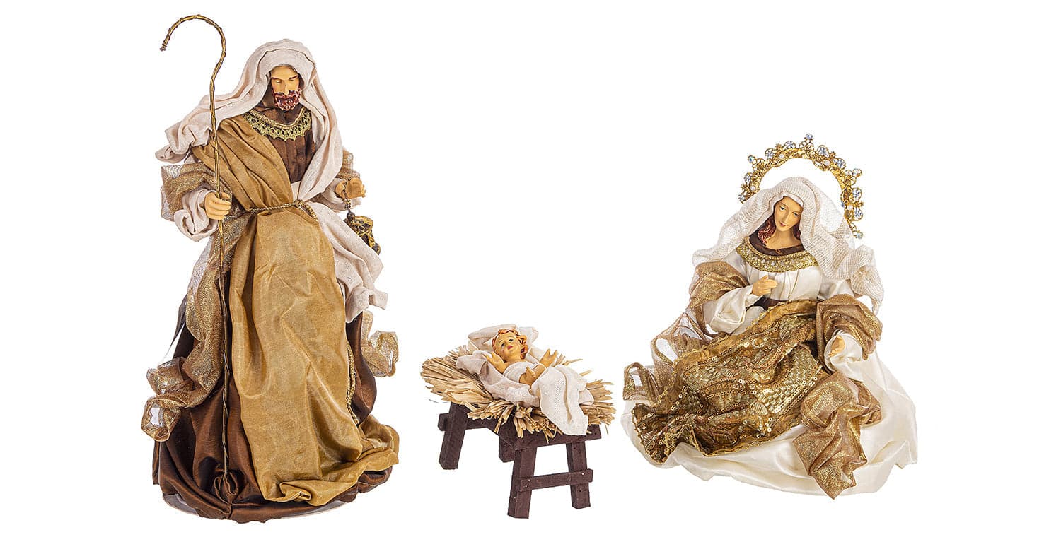 Natività con 3 Re magi con vestiti in tessuto color bronzo statue per presepe h 41 cm - 2
