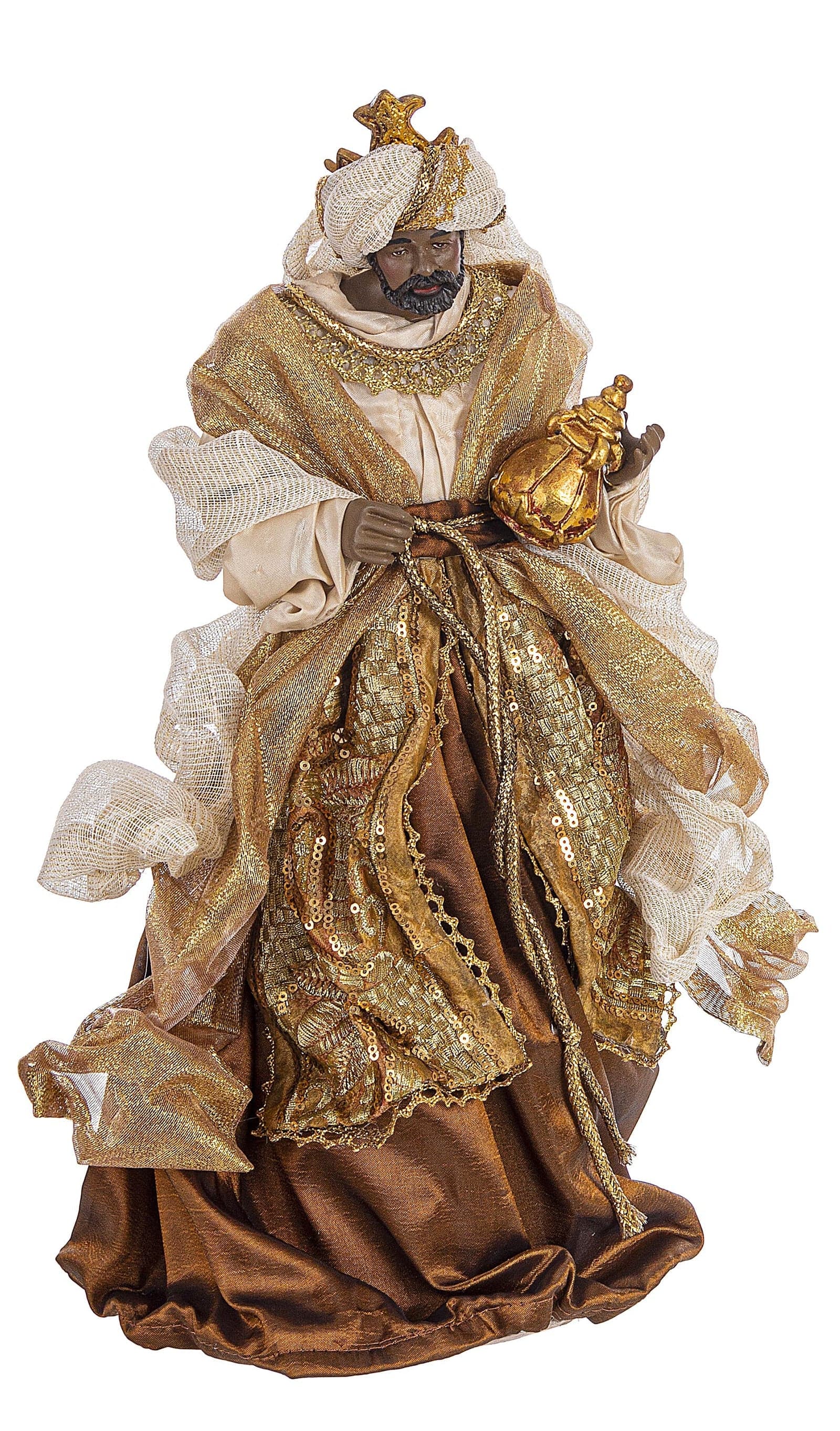 Natività con 3 Re magi con vestiti in tessuto color bronzo statue per presepe h 41 cm - 3