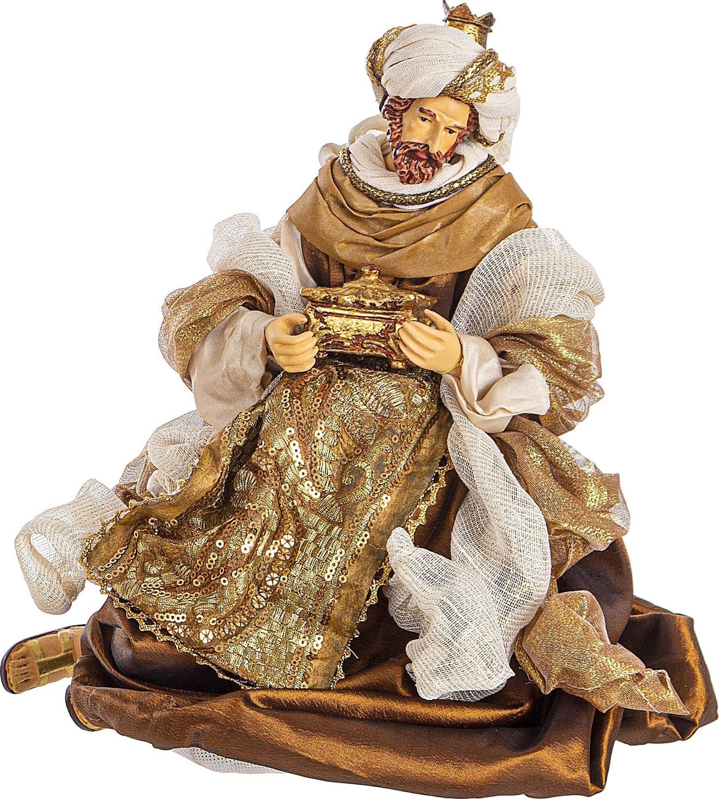 Natività con 3 Re magi con vestiti in tessuto color bronzo statue per presepe h 41 cm - 5
