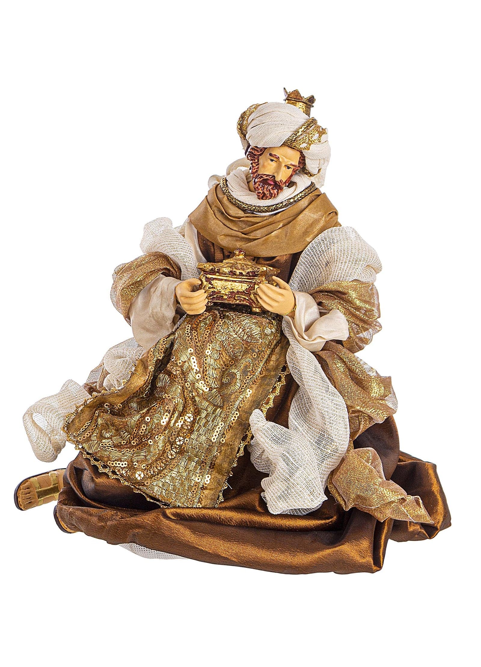 Natività con 3 Re magi con vestiti in tessuto color bronzo statue per presepe h 41 cm - 5