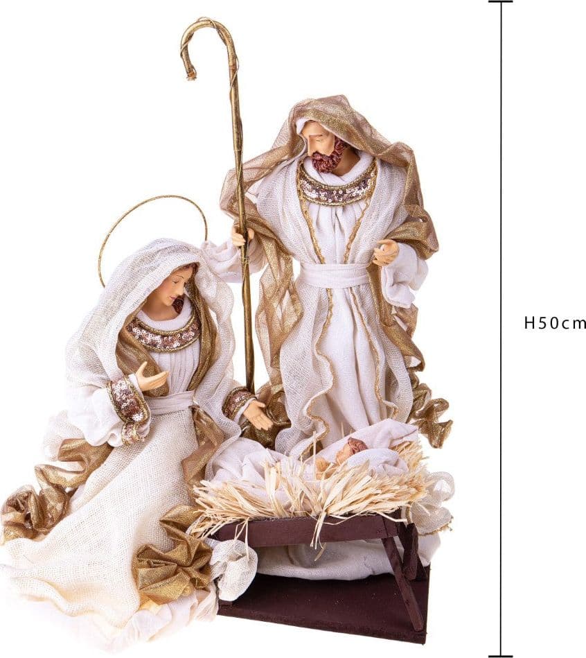 Natività monoblocco in resina per presepe, vestiti in tessuto da 40 cm decorazione Beige, Champagne e Oro - 2