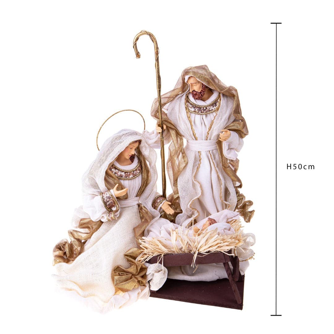 Natività monoblocco in resina per presepe, vestiti in tessuto da 40 cm decorazione Beige, Champagne e Oro - 2