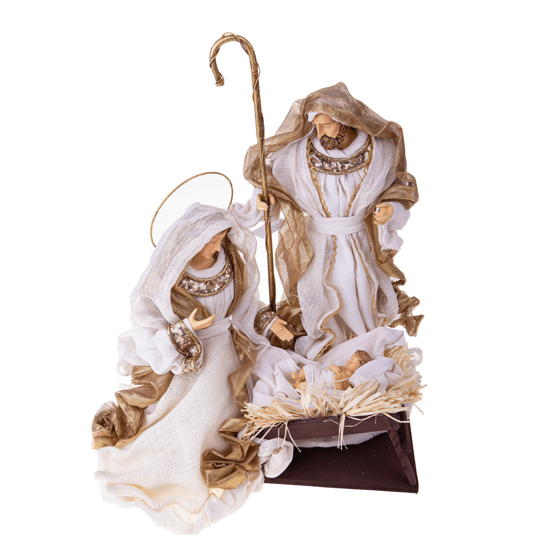 Natività monoblocco in resina per presepe, vestiti in tessuto da 40 cm decorazione Beige, Champagne e Oro - 3
