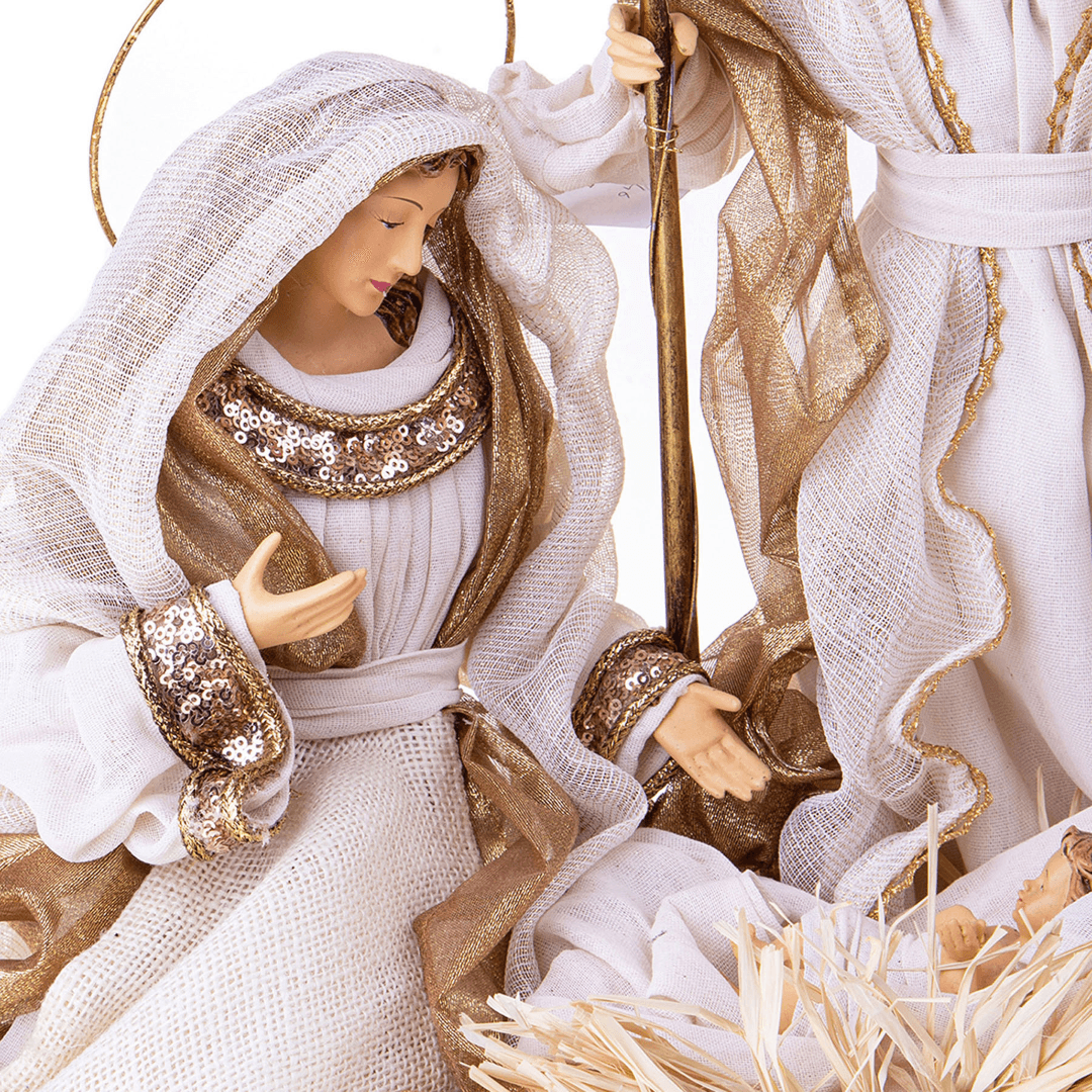 Natività monoblocco in resina per presepe, vestiti in tessuto da 40 cm decorazione Beige, Champagne e Oro - 4