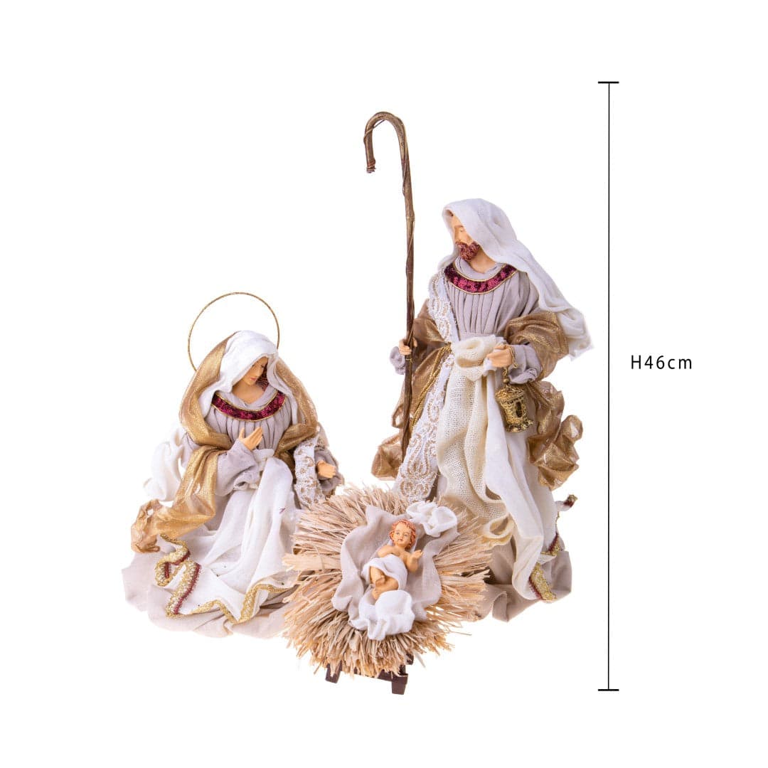 Natività con 3 statue in resina per presepe, vestiti in tessuto da 46 cm decorazione Beige e Oro - 2