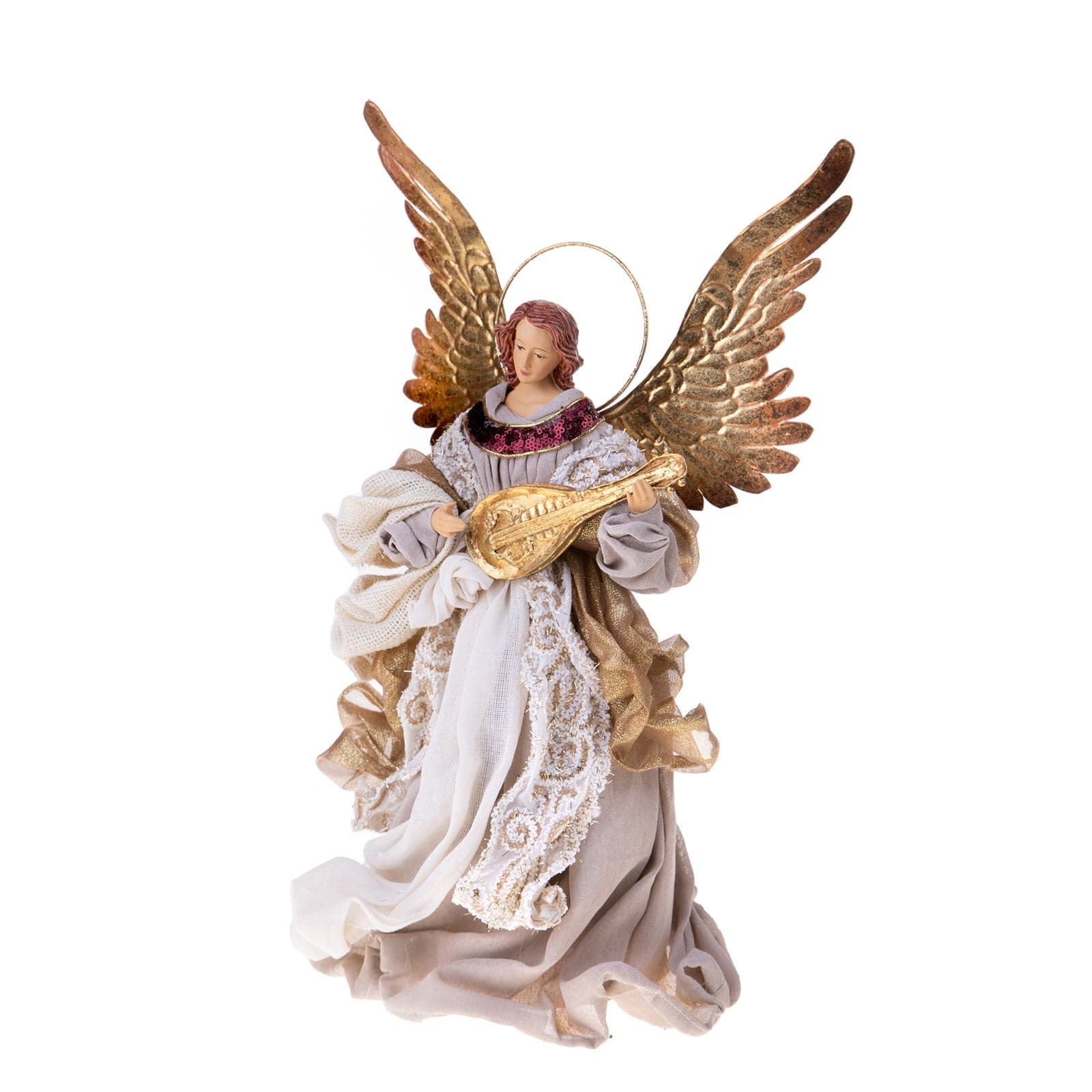 Angelo in tessuto per natività con Mandolino Beige ed Oro presepe natalizio da 36 cm - 2