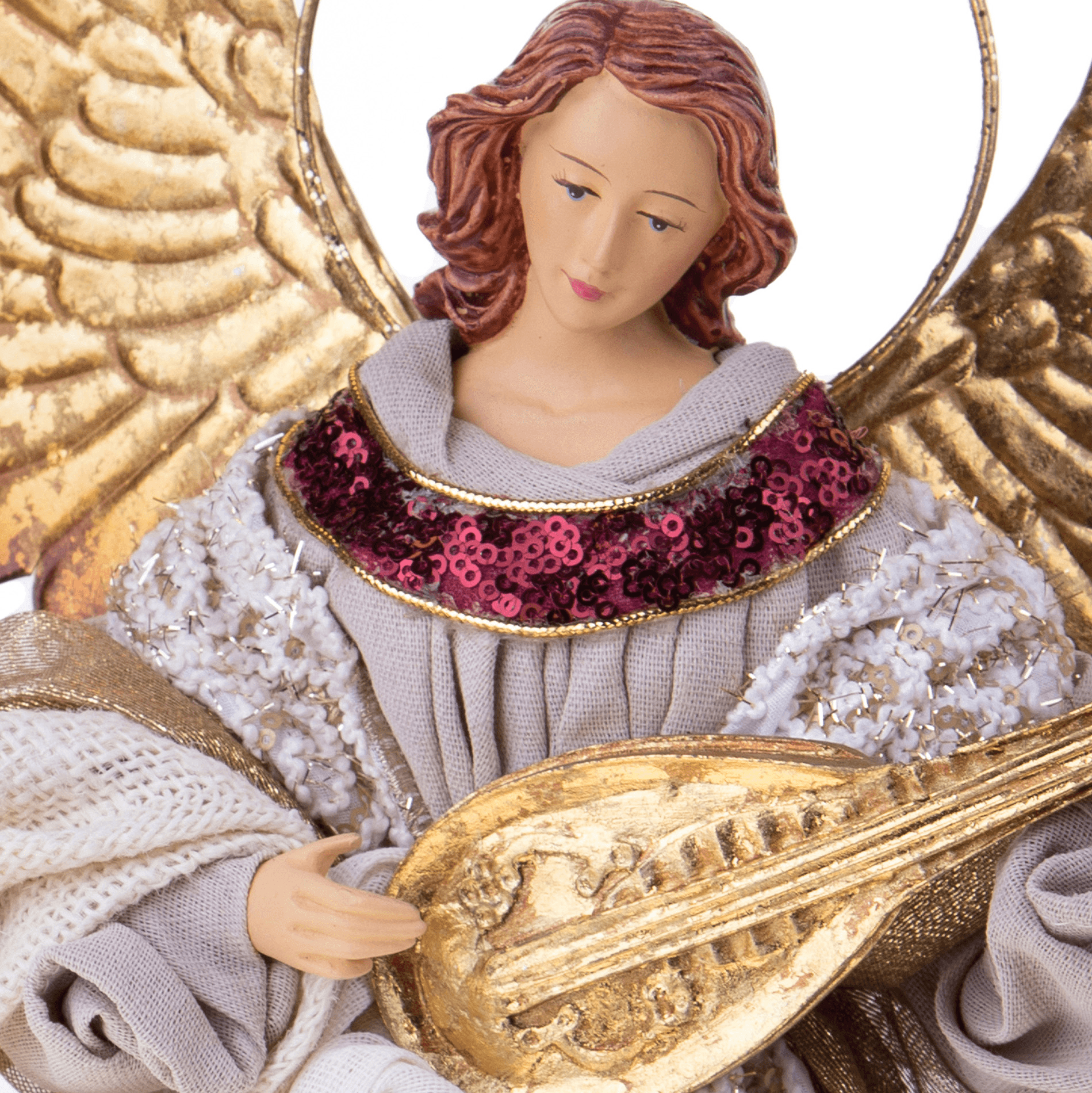 Angelo in tessuto per natività con Mandolino Beige ed Oro presepe natalizio da 36 cm - 3