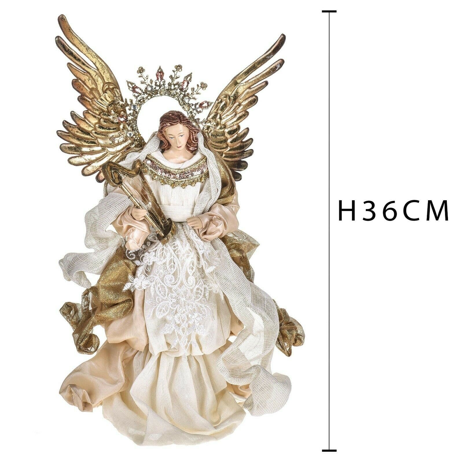 Angelo in tessuto per natività con Arpa Beige ed Oro presepe natalizio h 36 cm - 2
