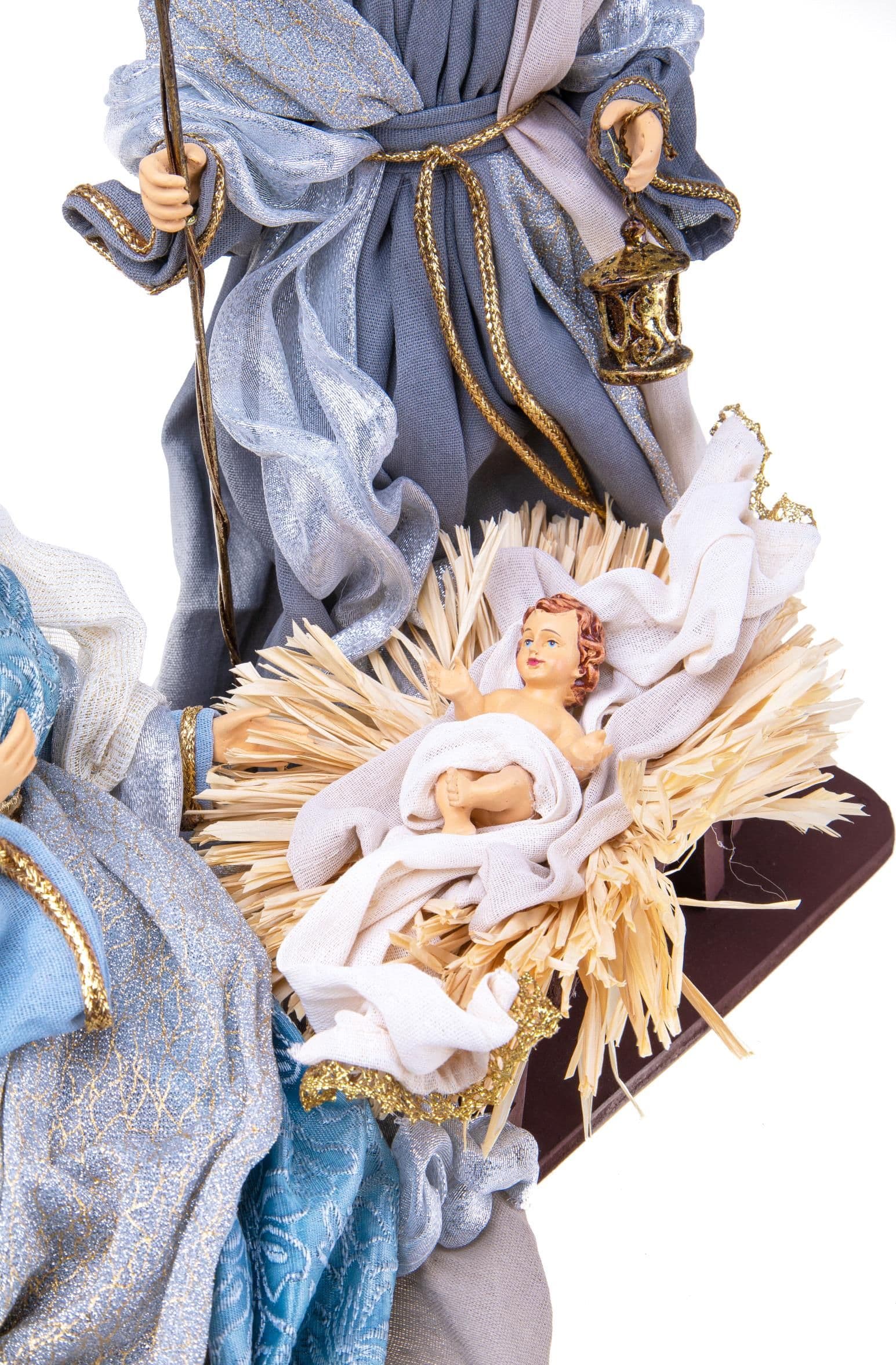 Natività con vestiti in Tessuto Celeste e Oro per presepe Natalizio h 36 cm - 2
