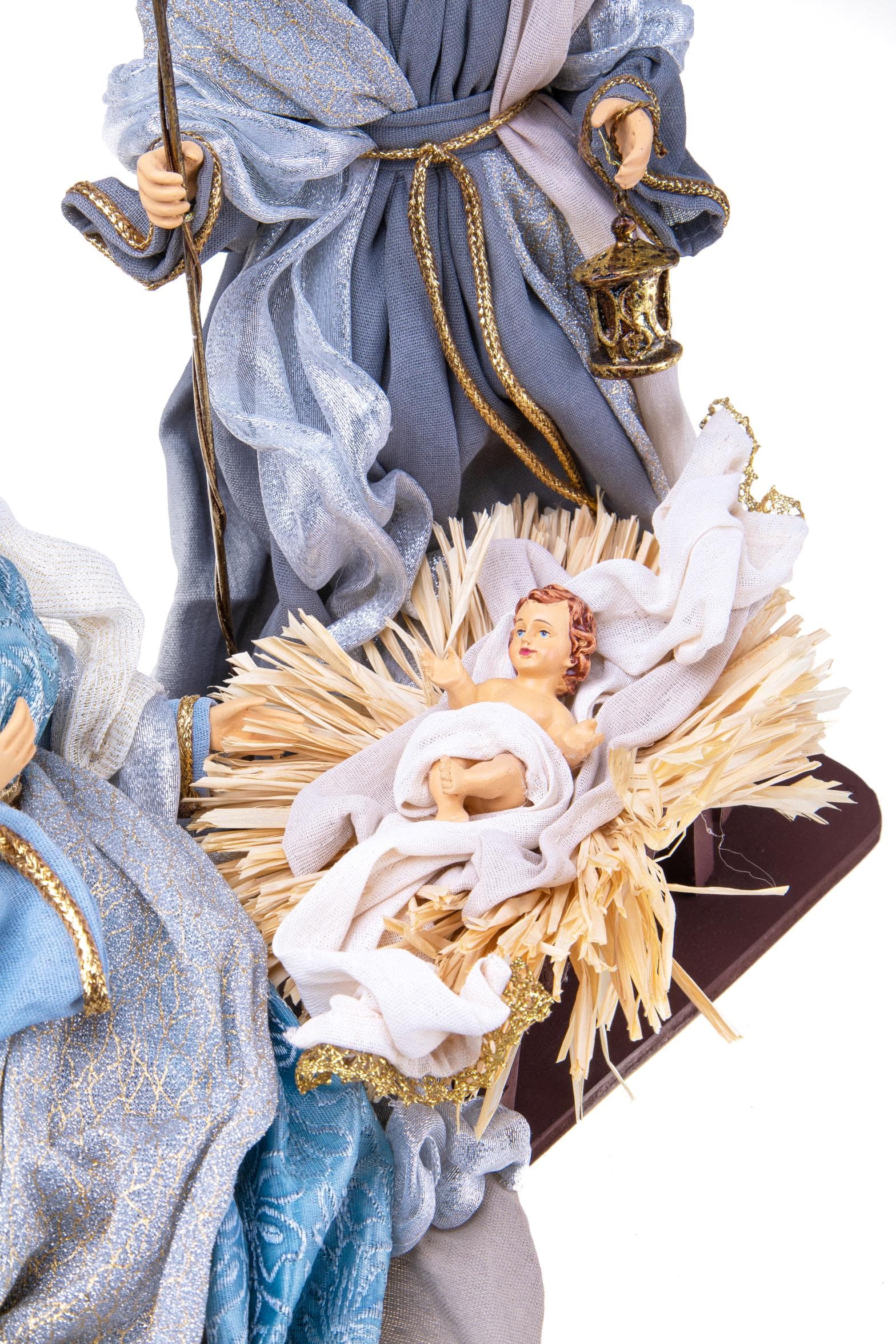 Natività con vestiti in Tessuto Celeste e Oro per presepe Natalizio h 36 cm - 2