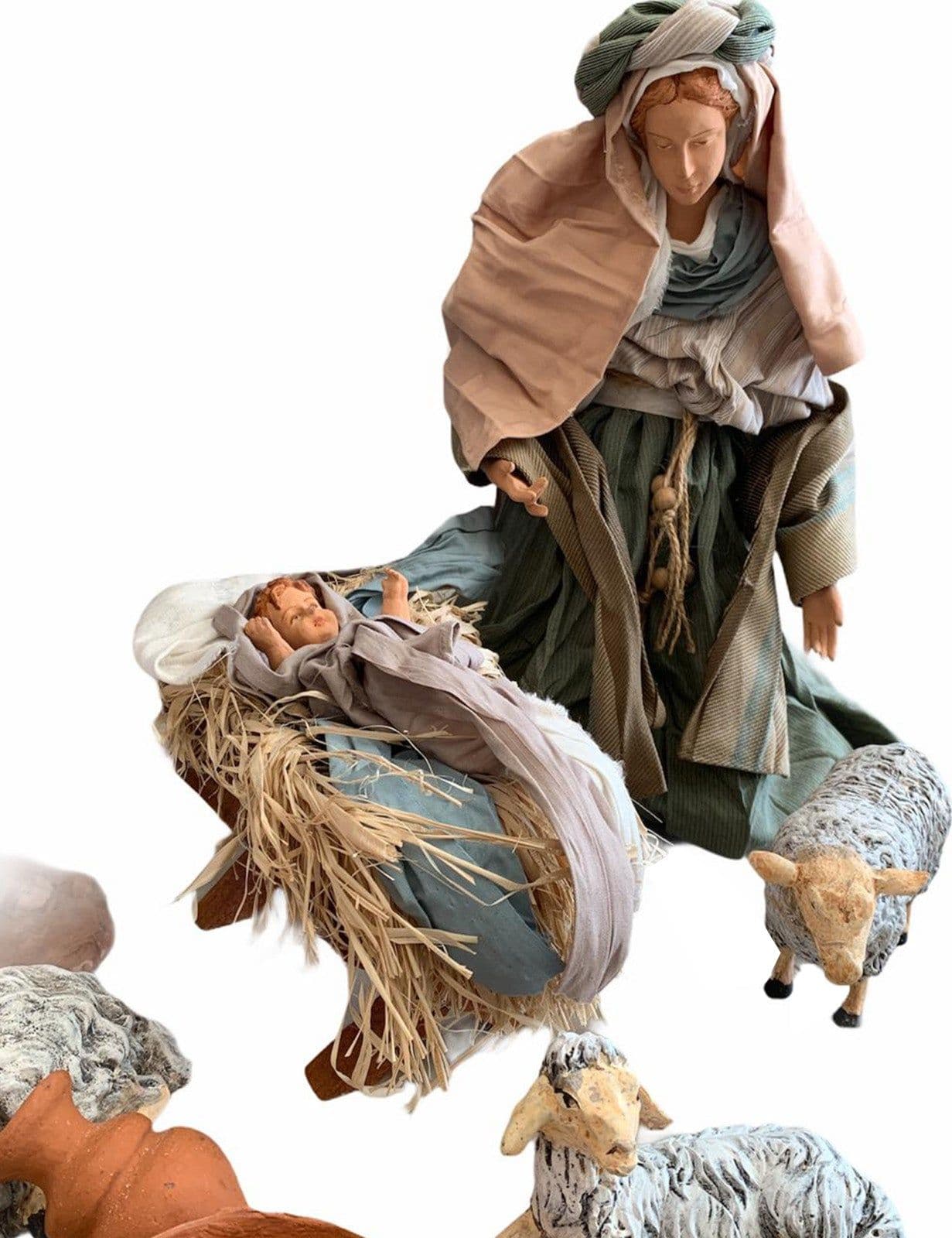 Natività completa di fondale h 45 cm statue per presepe con vestiti in tessuto Verde e Marrone - 2