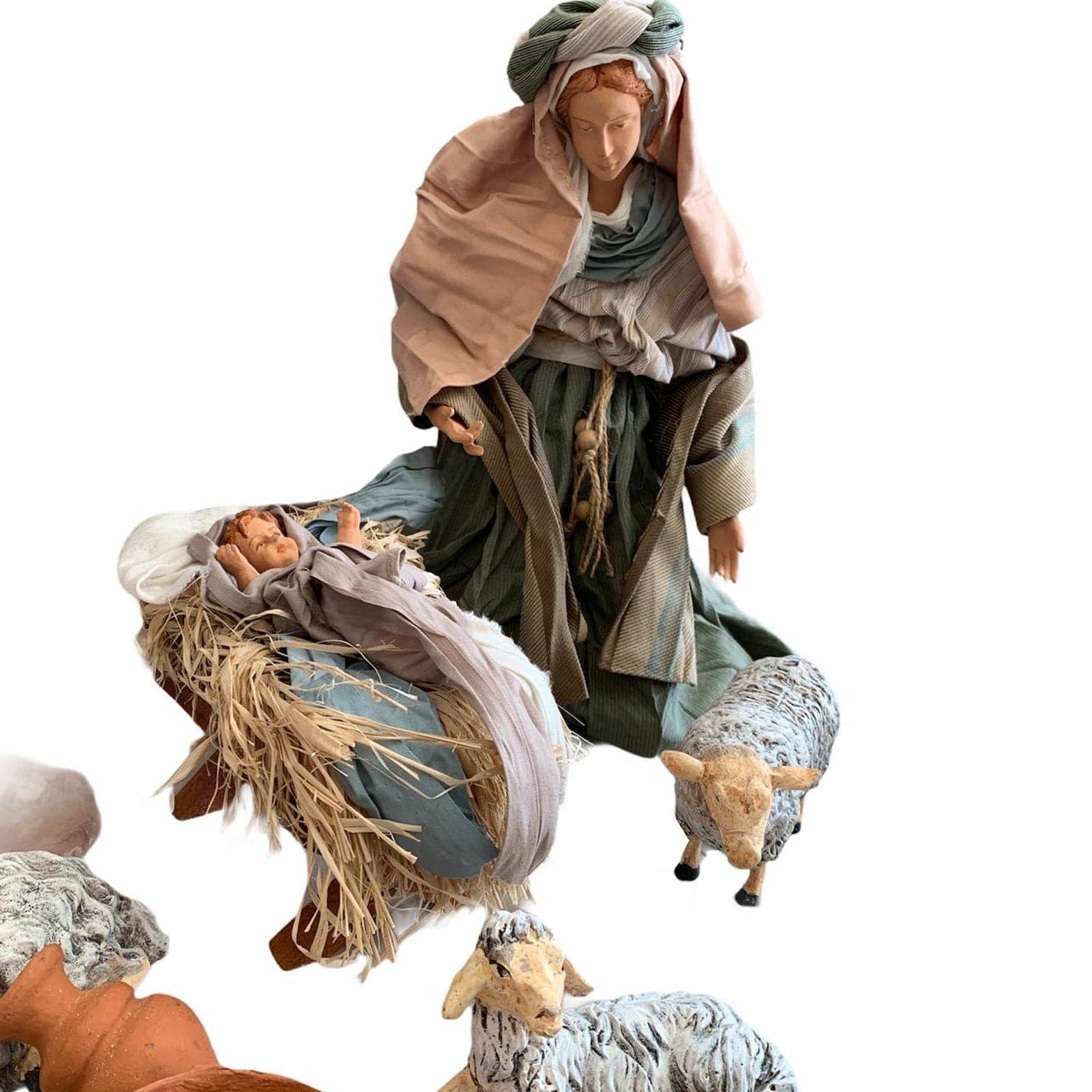 Natività completa di fondale h 45 cm statue per presepe con vestiti in tessuto Verde e Marrone - 2