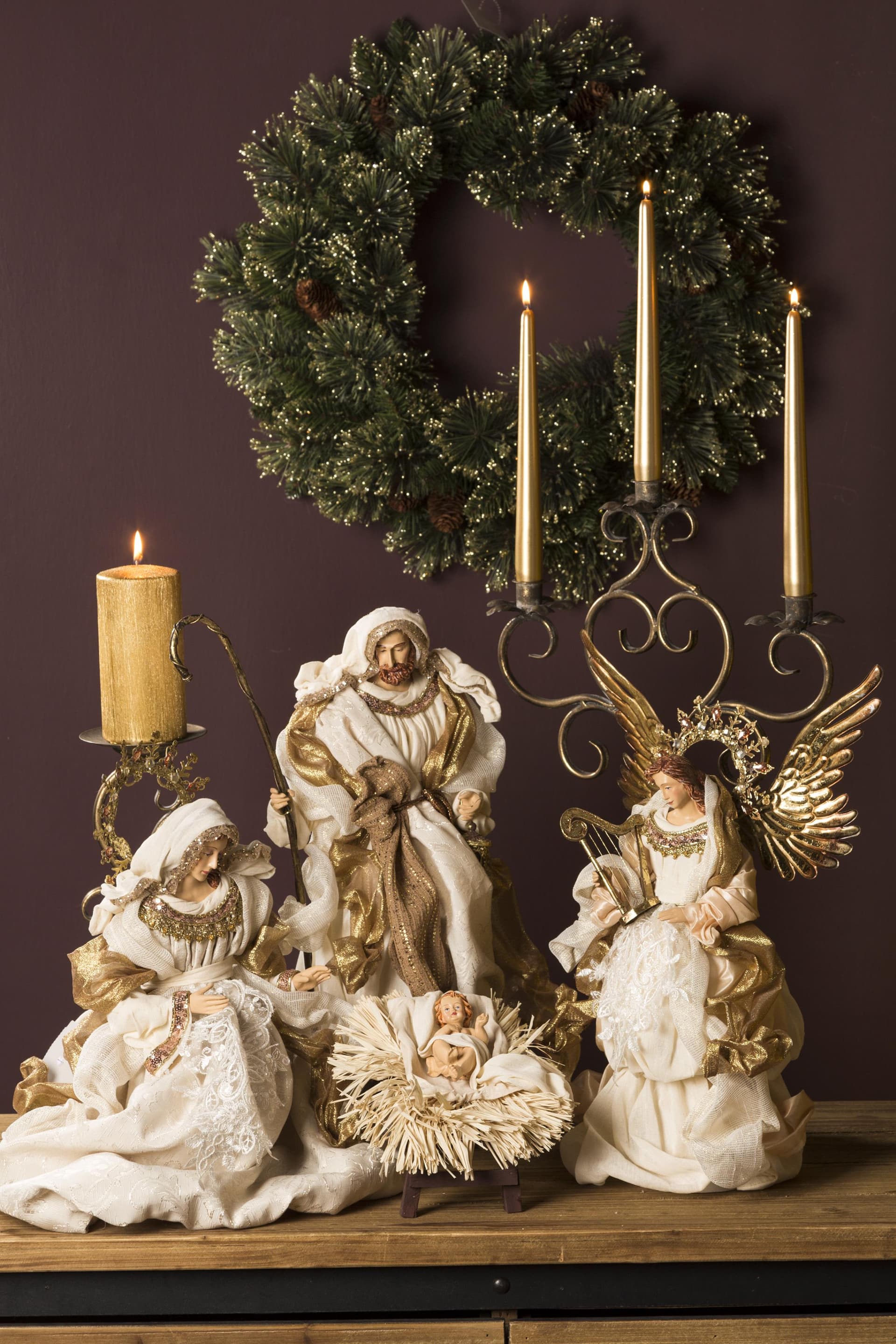 Natività completa statue per presepe con vestiti in tessuto Champagne h 46 cm - 2