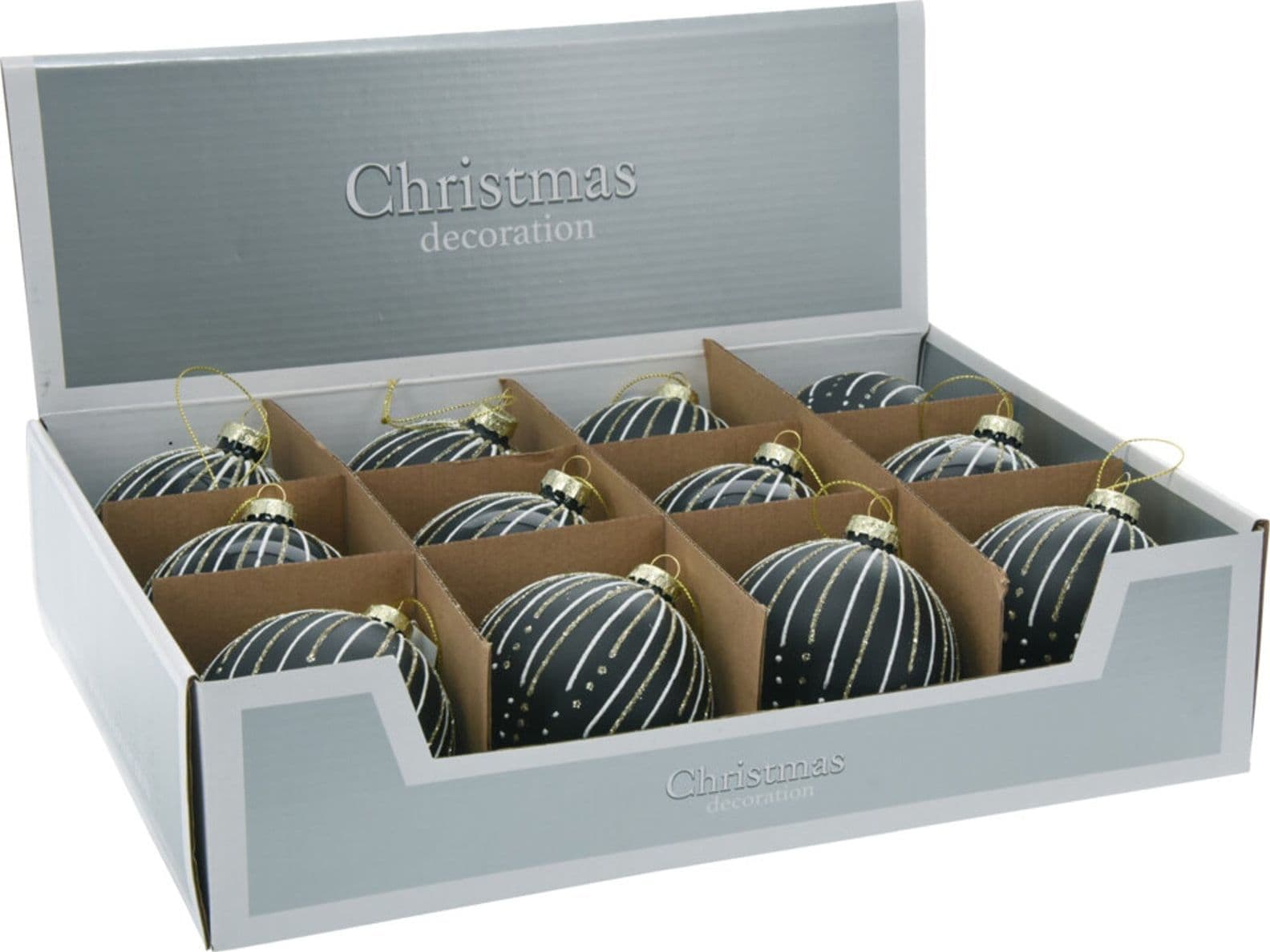 Palline per albero di Natale decorato, in Vetro, Glitterate con Righe, da Ø 80 mm, 12 pezzi - 3