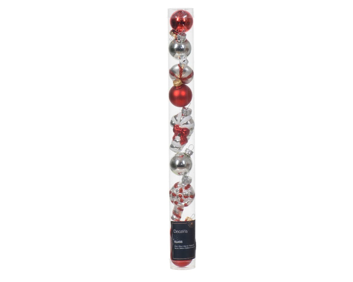 Palline per albero di Natale in vetro color rosso e argento decorate, confezione da 9 pezzi - 2
