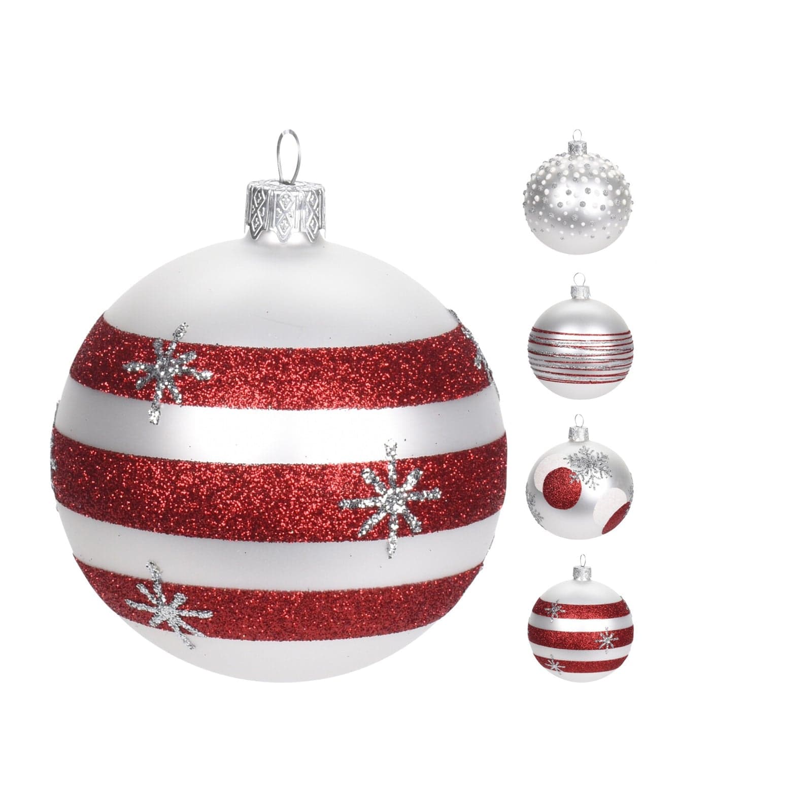 Palline per albero di Natale in vetro decorate fasciate color Bianco e Rosso - 5