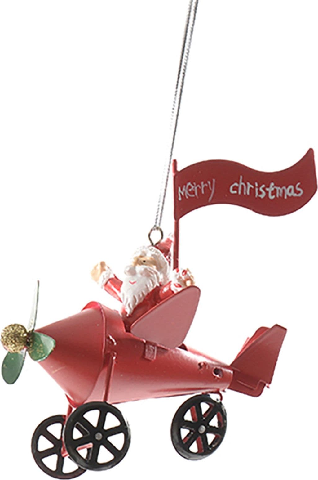 Pendente per albero di Natale Babbo Natale su aereo con scritta da 10 cm - 1